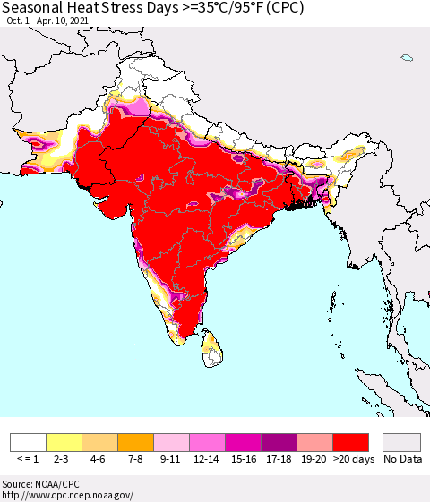 Southern Asia Seasonal Heat Stress Days >=35°C/95°F (CPC) Thematic Map For 10/1/2020 - 4/10/2021