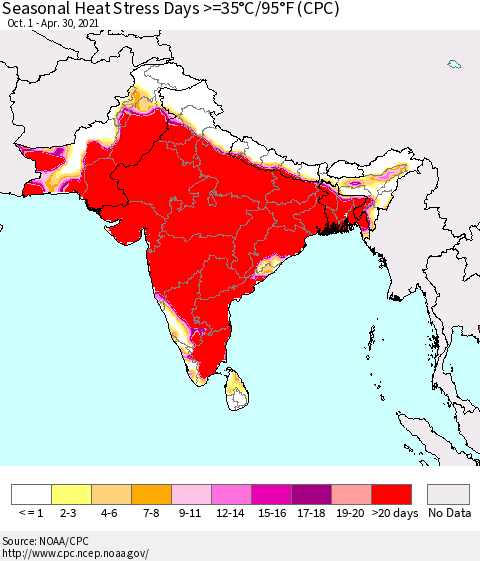 Southern Asia Seasonal Heat Stress Days >=35°C/95°F (CPC) Thematic Map For 10/1/2020 - 4/30/2021