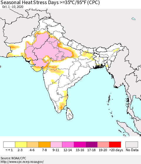 Southern Asia Seasonal Heat Stress Days >=35°C/95°F (CPC) Thematic Map For 10/1/2020 - 10/10/2020