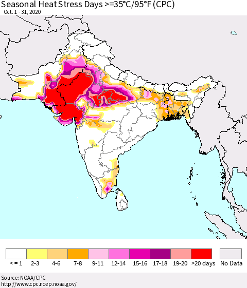 Southern Asia Seasonal Heat Stress Days >=35°C/95°F (CPC) Thematic Map For 10/1/2020 - 10/31/2020