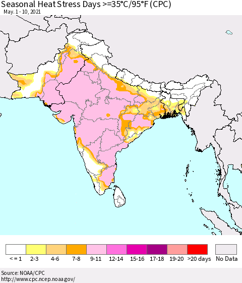 Southern Asia Seasonal Heat Stress Days >=35°C/95°F (CPC) Thematic Map For 5/1/2021 - 5/10/2021