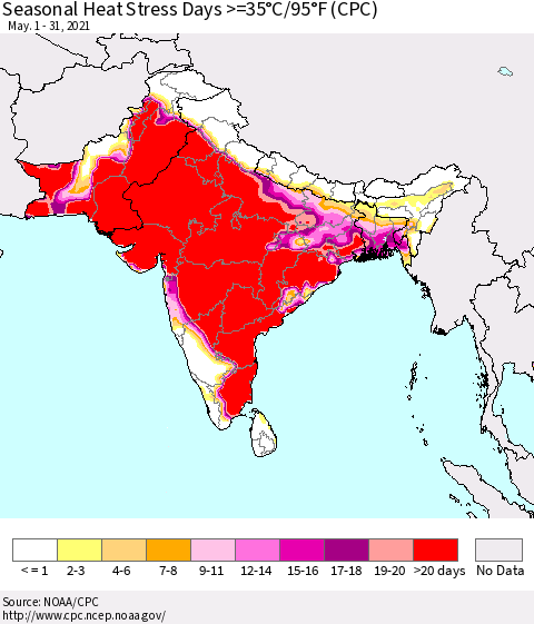 Southern Asia Seasonal Heat Stress Days >=35°C/95°F (CPC) Thematic Map For 5/1/2021 - 5/31/2021
