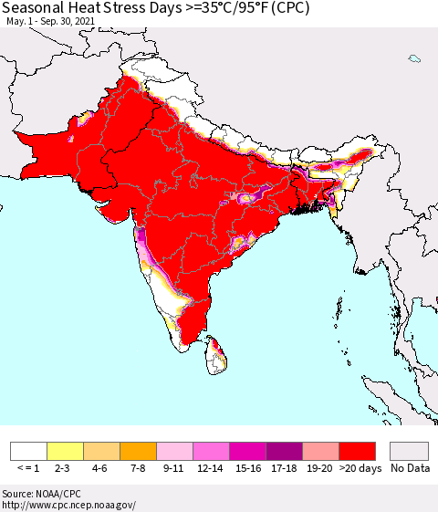 Southern Asia Seasonal Heat Stress Days >=35°C/95°F (CPC) Thematic Map For 5/1/2021 - 9/30/2021