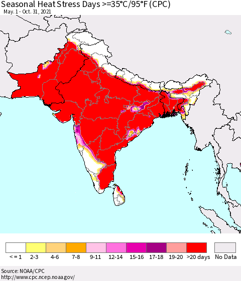 Southern Asia Seasonal Heat Stress Days >=35°C/95°F (CPC) Thematic Map For 5/1/2021 - 10/31/2021