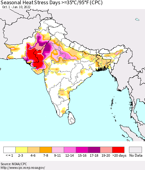 Southern Asia Seasonal Heat Stress Days >=35°C/95°F (CPC) Thematic Map For 10/1/2021 - 1/10/2022