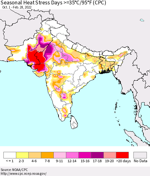 Southern Asia Seasonal Heat Stress Days >=35°C/95°F (CPC) Thematic Map For 10/1/2021 - 2/28/2022