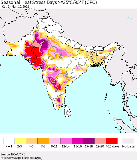 Southern Asia Seasonal Heat Stress Days >=35°C/95°F (CPC) Thematic Map For 10/1/2021 - 3/10/2022