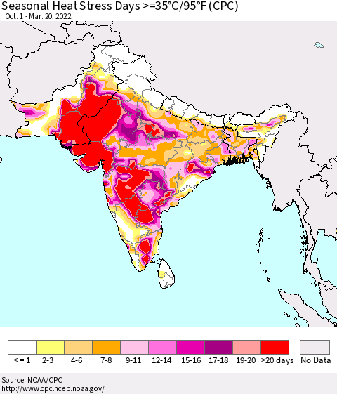 Southern Asia Seasonal Heat Stress Days >=35°C/95°F (CPC) Thematic Map For 10/1/2021 - 3/20/2022