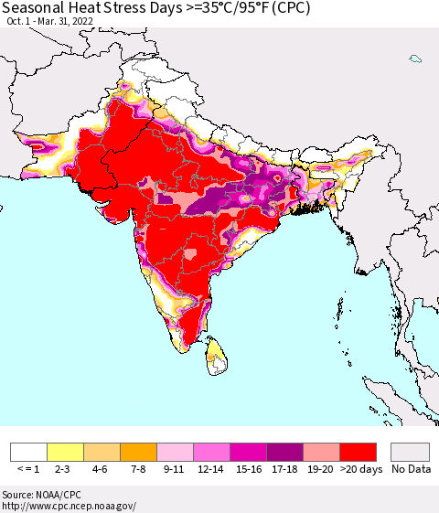 Southern Asia Seasonal Heat Stress Days >=35°C/95°F (CPC) Thematic Map For 10/1/2021 - 3/31/2022