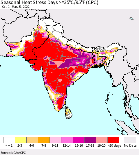 Southern Asia Seasonal Heat Stress Days >=35°C/95°F (CPC) Thematic Map For 10/1/2021 - 3/31/2022