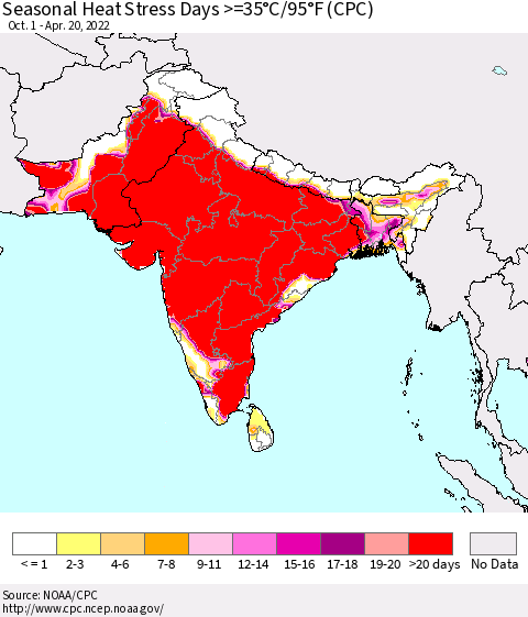 Southern Asia Seasonal Heat Stress Days >=35°C/95°F (CPC) Thematic Map For 10/1/2021 - 4/20/2022
