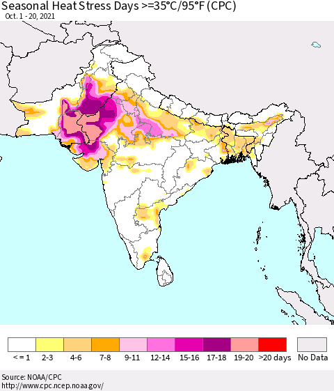Southern Asia Seasonal Heat Stress Days >=35°C/95°F (CPC) Thematic Map For 10/1/2021 - 10/20/2021