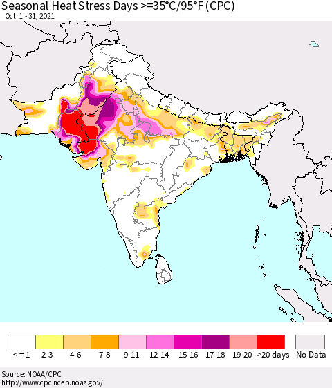 Southern Asia Seasonal Heat Stress Days >=35°C/95°F (CPC) Thematic Map For 10/1/2021 - 10/31/2021