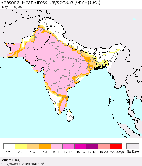 Southern Asia Seasonal Heat Stress Days >=35°C/95°F (CPC) Thematic Map For 5/1/2022 - 5/10/2022