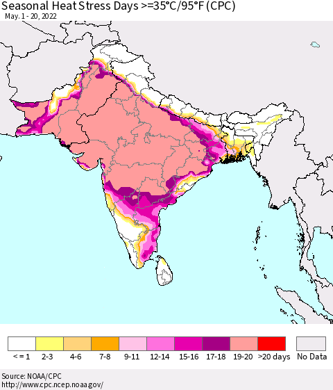 Southern Asia Seasonal Heat Stress Days >=35°C/95°F (CPC) Thematic Map For 5/1/2022 - 5/20/2022