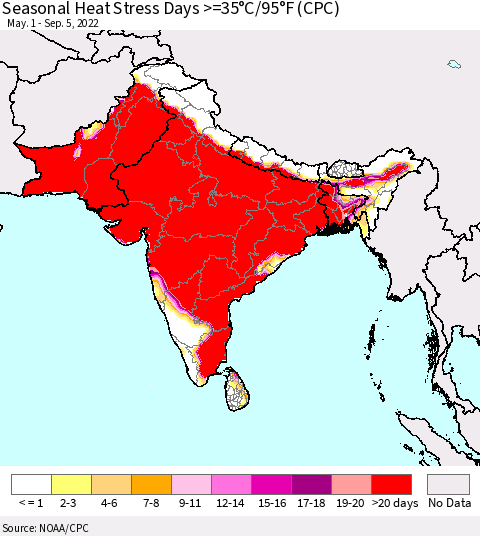 Southern Asia Seasonal Heat Stress Days >=35°C/95°F (CPC) Thematic Map For 5/1/2022 - 9/5/2022