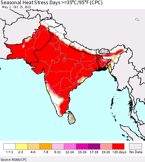 Southern Asia Seasonal Heat Stress Days >=35°C/95°F (CPC) Thematic Map For 5/1/2022 - 10/25/2022
