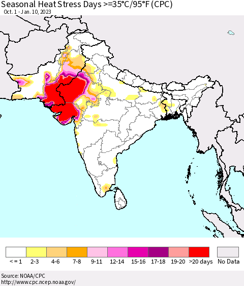 Southern Asia Seasonal Heat Stress Days >=35°C/95°F (CPC) Thematic Map For 10/1/2022 - 1/10/2023