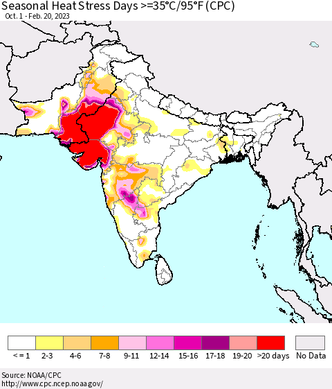 Southern Asia Seasonal Heat Stress Days >=35°C/95°F (CPC) Thematic Map For 10/1/2022 - 2/20/2023