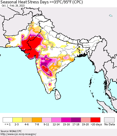 Southern Asia Seasonal Heat Stress Days >=35°C/95°F (CPC) Thematic Map For 10/1/2022 - 2/28/2023