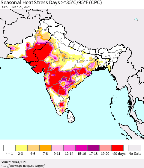 Southern Asia Seasonal Heat Stress Days >=35°C/95°F (CPC) Thematic Map For 10/1/2022 - 3/20/2023