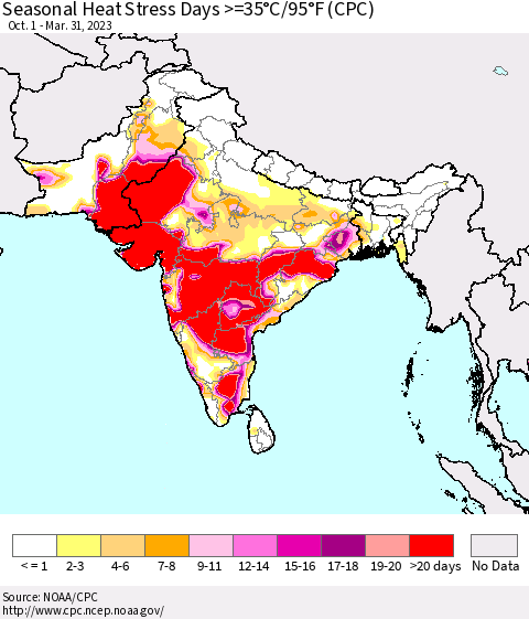 Southern Asia Seasonal Heat Stress Days >=35°C/95°F (CPC) Thematic Map For 10/1/2022 - 3/31/2023