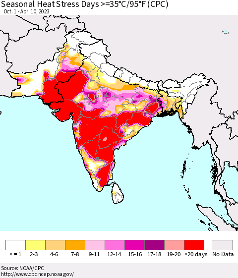 Southern Asia Seasonal Heat Stress Days >=35°C/95°F (CPC) Thematic Map For 10/1/2022 - 4/10/2023
