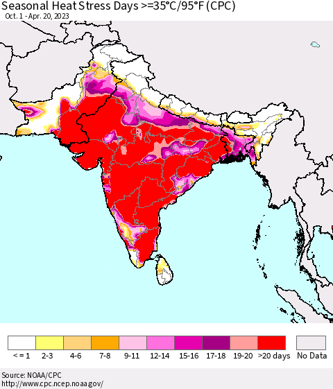 Southern Asia Seasonal Heat Stress Days >=35°C/95°F (CPC) Thematic Map For 10/1/2022 - 4/20/2023
