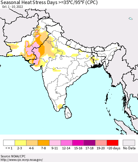 Southern Asia Seasonal Heat Stress Days >=35°C/95°F (CPC) Thematic Map For 10/1/2022 - 10/10/2022