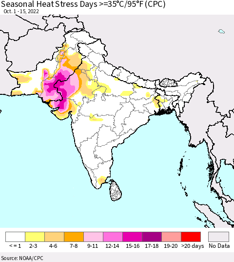 Southern Asia Seasonal Heat Stress Days >=35°C/95°F (CPC) Thematic Map For 10/1/2022 - 10/15/2022