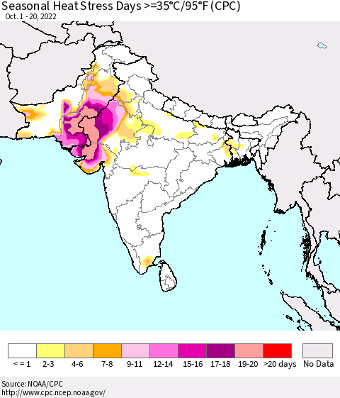 Southern Asia Seasonal Heat Stress Days >=35°C/95°F (CPC) Thematic Map For 10/1/2022 - 10/20/2022