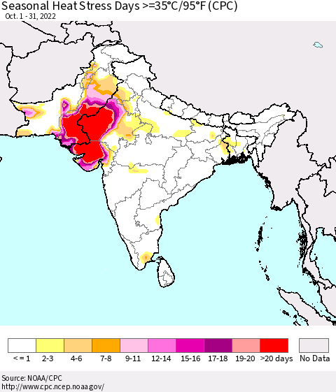 Southern Asia Seasonal Heat Stress Days >=35°C/95°F (CPC) Thematic Map For 10/1/2022 - 10/31/2022
