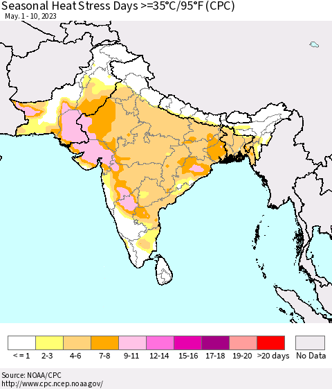 Southern Asia Seasonal Heat Stress Days >=35°C/95°F (CPC) Thematic Map For 5/1/2023 - 5/10/2023