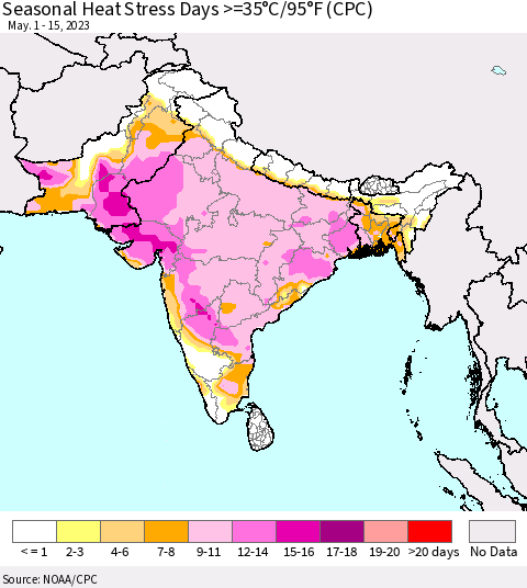 Southern Asia Seasonal Heat Stress Days >=35°C/95°F (CPC) Thematic Map For 5/1/2023 - 5/15/2023
