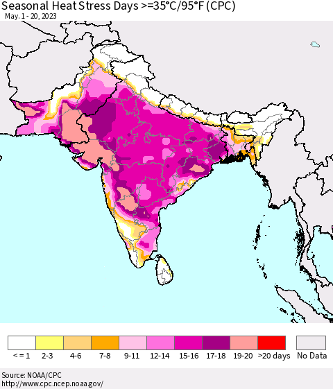 Southern Asia Seasonal Heat Stress Days >=35°C/95°F (CPC) Thematic Map For 5/1/2023 - 5/20/2023