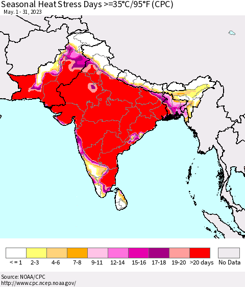 Southern Asia Seasonal Heat Stress Days >=35°C/95°F (CPC) Thematic Map For 5/1/2023 - 5/31/2023