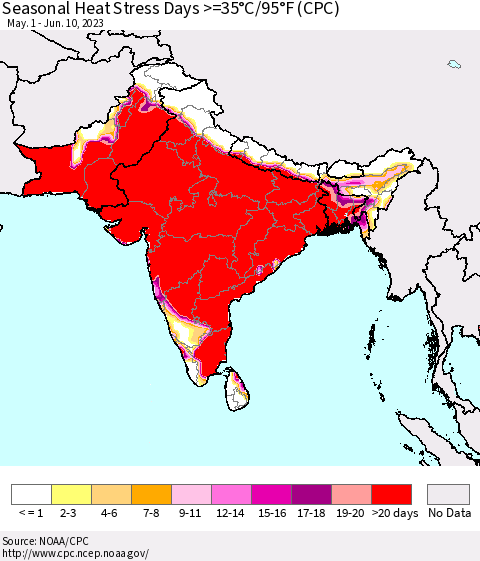 Southern Asia Seasonal Heat Stress Days >=35°C/95°F (CPC) Thematic Map For 5/1/2023 - 6/10/2023