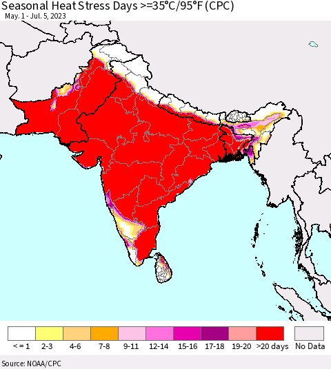 Southern Asia Seasonal Heat Stress Days >=35°C/95°F (CPC) Thematic Map For 5/1/2023 - 7/5/2023