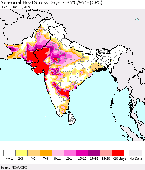 Southern Asia Seasonal Heat Stress Days >=35°C/95°F (CPC) Thematic Map For 10/1/2023 - 1/10/2024