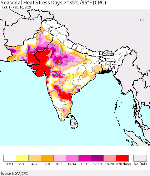 Southern Asia Seasonal Heat Stress Days >=35°C/95°F (CPC) Thematic Map For 10/1/2023 - 2/10/2024