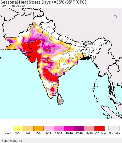 Southern Asia Seasonal Heat Stress Days >=35°C/95°F (CPC) Thematic Map For 10/1/2023 - 2/29/2024