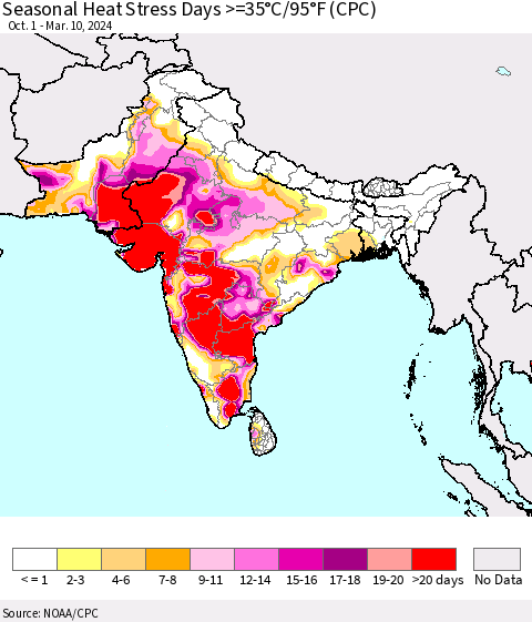 Southern Asia Seasonal Heat Stress Days >=35°C/95°F (CPC) Thematic Map For 10/1/2023 - 3/10/2024