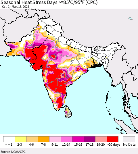 Southern Asia Seasonal Heat Stress Days >=35°C/95°F (CPC) Thematic Map For 10/1/2023 - 3/15/2024
