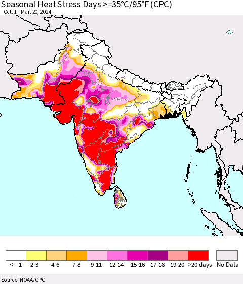 Southern Asia Seasonal Heat Stress Days >=35°C/95°F (CPC) Thematic Map For 10/1/2023 - 3/20/2024