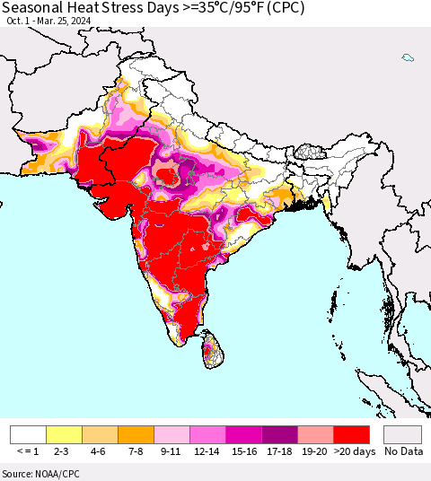 Southern Asia Seasonal Heat Stress Days >=35°C/95°F (CPC) Thematic Map For 10/1/2023 - 3/25/2024