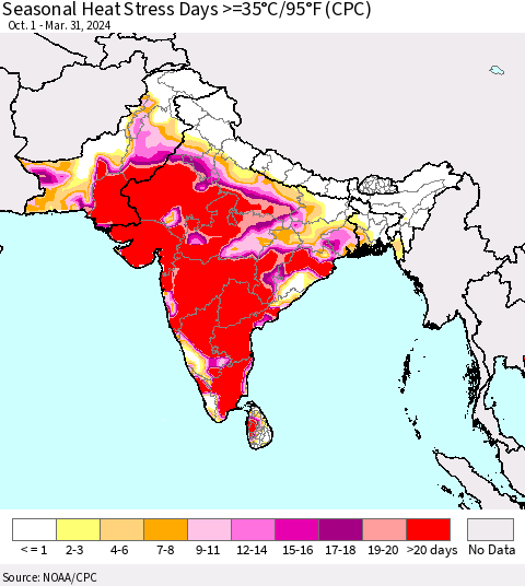 Southern Asia Seasonal Heat Stress Days >=35°C/95°F (CPC) Thematic Map For 10/1/2023 - 3/31/2024