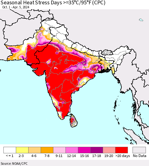 Southern Asia Seasonal Heat Stress Days >=35°C/95°F (CPC) Thematic Map For 10/1/2023 - 4/5/2024