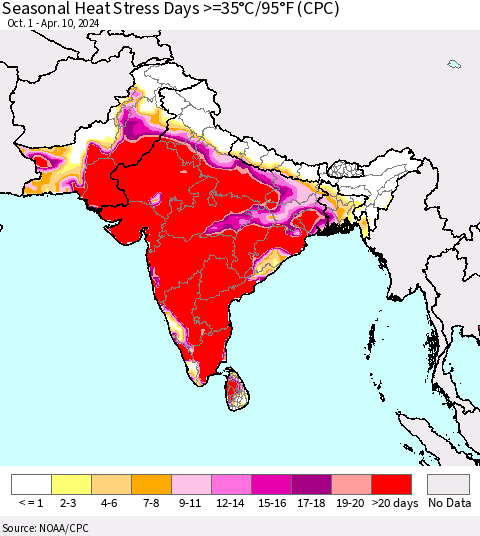 Southern Asia Seasonal Heat Stress Days >=35°C/95°F (CPC) Thematic Map For 10/1/2023 - 4/10/2024