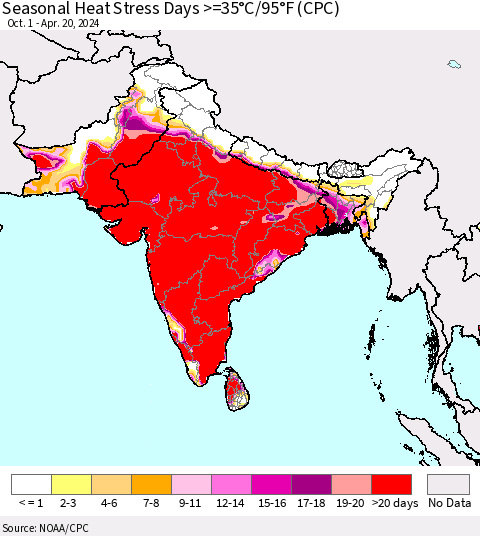 Southern Asia Seasonal Heat Stress Days >=35°C/95°F (CPC) Thematic Map For 10/1/2023 - 4/20/2024