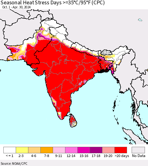 Southern Asia Seasonal Heat Stress Days >=35°C/95°F (CPC) Thematic Map For 10/1/2023 - 4/30/2024